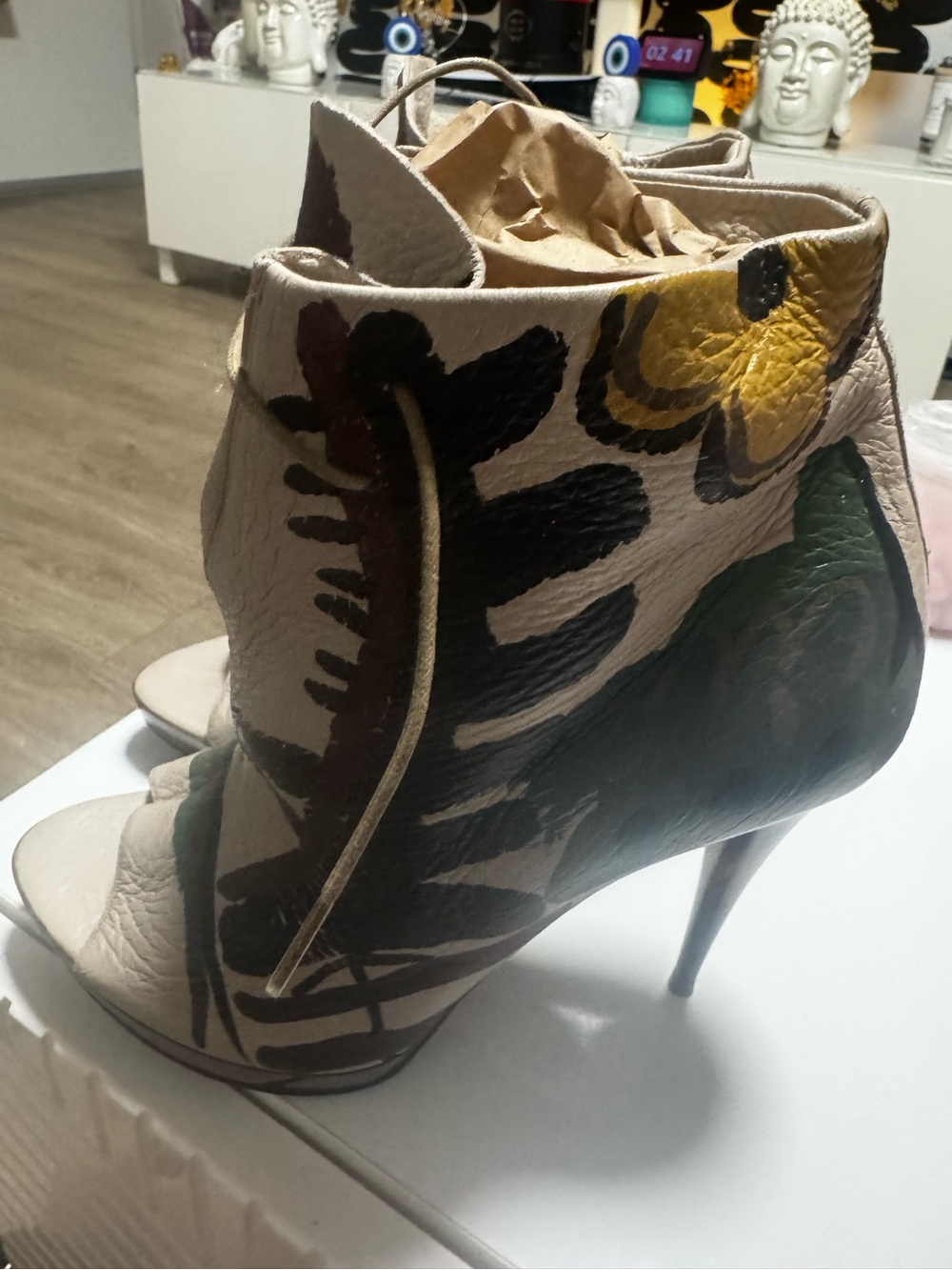 Burberry Beige Leather Floral Painted Open-Toe Stiletto Booties